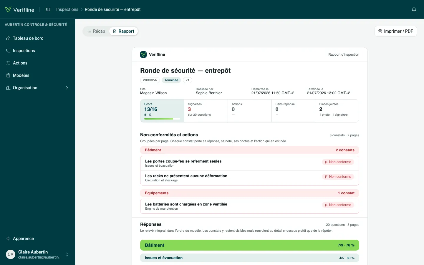 Le rapport Verifline : score, non-conformités et relevé complet
